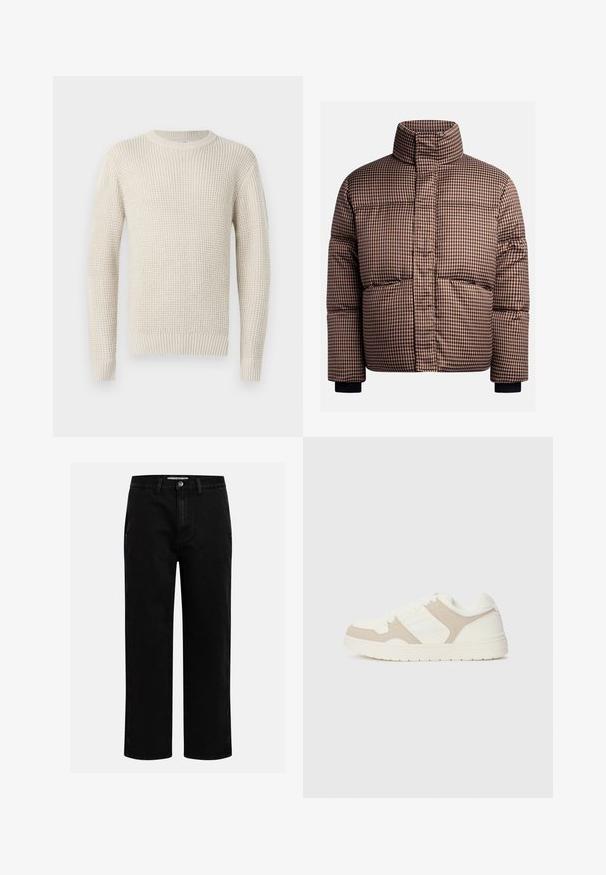 Giubbotto imbottito a quadri in tonalità di marrone e crema, con colletto alto, tasche frontali e polsini elasticizzati per una vestibilità aderente.; Maglione a maglia color crema con una texture a coste, scollatura rotonda e maniche lunghe. Presenta una vestibilità ampia e polsini e orlo elasticizzati.; Pantaloni in denim nero con taglio dritto, design classico a cinque tasche e chiusura con bottone in vita. Tessuto liscio e materiale resistente.; Sneaker bianca e beige caratterizzata da una combinazione di texture liscia e scamosciata, punta rotonda, chiusura con lacci e suola in gomma piatta.
