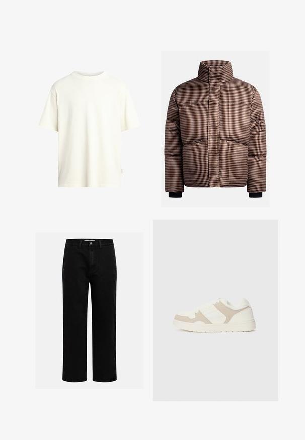 Gecontroleerde pufferjack in bruin- en crèmekleuren, met een hoge kraag, voorzakken en elastische manchetten voor een nauwe pasvorm.; Korte mouwen, ronde hals t-shirt in gebroken wit, gemaakt van zacht katoen, met een rechte snit en een minimalistisch ontwerp zonder patronen.; Zwarte denim broeken met een rechte pijp, klassieke vijf-pocket structuur en een knoopsluiting in de taille. Glad materiaal en duurzame stof.; Witte en beige sneaker met een combinatie van gladde en suède texturen, ronde neus, vetersluiting en een platte rubberen zool.
