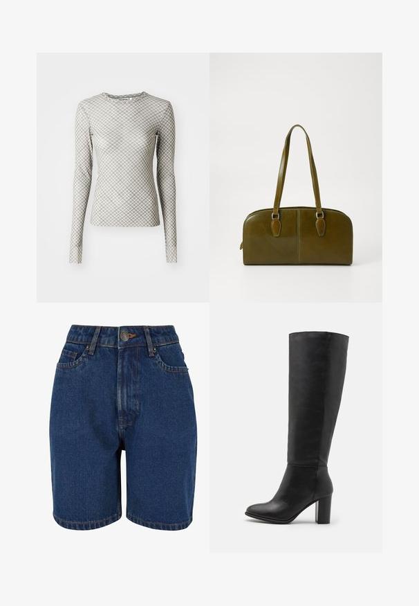 Bruine, lichte jas met een kraag, lange mouwen en twee voorkwerken. Gemaakt van een gladde, textuurstof.; Langsleeve top in lichtgrijs met een geometrisch ruitpatroon in donkergrijs en groene accenten, met een ronde halslijn en een getailleerde vorm.; Denim shorts in een donkerblauwe kleur, met een hoge taille, een vijf-pocket ontwerp en contrasterende oranje stiksels. De stof lijkt textuur te hebben.; Zwarte laarzen tot de knie van soepel leer, met een dikke hak en een ronde neus. Minimalistisch ontwerp zonder zichtbare hardware of versieringen.; Olijfgroene leren handtas met een ronde vorm, dubbele handvatten en een naadloze voorkant. Kenmerkt zich door een gladde textuur en subtiele stikdetails.; Zilverkleurige oorbellen set: twee ovale studs en twee halve maantjes, met een glanzende, soepele afwerking en een afgerond ontwerp.