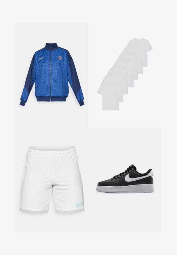 Chaqueta azul con cremallera y patrón geométrico, que presenta un cuello alto y puños elásticos. Logo de Nike en el frente, junto con una insignia temática de París.; Camisetas de algodón blancas, de manga corta, con diseño de cuello redondo, textura lisa, apiladas en una fila, con un sutil logo en el cuello.; Pantalones cortos deportivos blancos con cintura elástica, ribete de malla y un logo de swoosh de Nike en color turquesa en la parte inferior derecha.; Zapatilla negra de cuero con superficie texturizada, logo de Nike en blanco, suela gris, puntera redonda y diseño de encaje. Presenta perforaciones en la puntera.