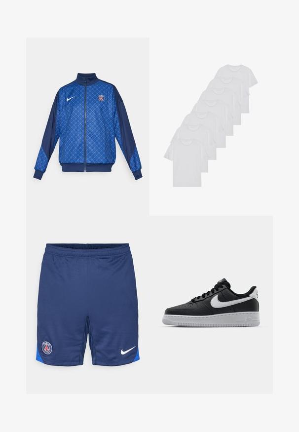 Sinine lukuga jakk geomeetrilise mustriga, millel on kõrge krae ja elastsed mansetid. Ees Nike'i logo koos Pariisi teemalise nupuga.; Valge puuvillane T-särk, lühikeste varrukatega, ümar neel, ühtlane tekstuur, reastatud kuhjale, kaeluses peene brändinguga.; Tumesinised jalgpallishortsid hingavast kangast, sinise aksendiga allääres ja ringikujuline Pariisi logo vasakul reitel, koos valge Nike kaaruga.; Must musta sneaker tekstureeritud pinnaga, valge Nike logo, hall tald, ümar varv ja paeltega disain. Omab perforatsioone varbakasti peal.