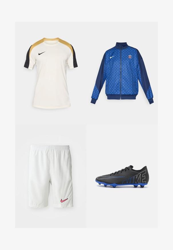 Chaqueta azul con cremallera y patrón geométrico, que presenta un cuello alto y puños elásticos. Logo de Nike en el frente, junto con una insignia temática de París.; Camiseta deportiva blanca con mangas negras y detalles en dorado. Cuenta con cuello redondo, mangas cortas y un logo de Nike en el lado izquierdo del pecho.; Pantalones cortos deportivos blancos hechos de un tejido ligero. Cuentan con una cinturilla elástica y un logo de Nike en color rosa en la parte inferior de la pierna izquierda.; Botas de fútbol negras con detalles azules, parte superior texturizada, logotipo de Nike prominente y seis tacos negros sobre una suela azul para tracción.