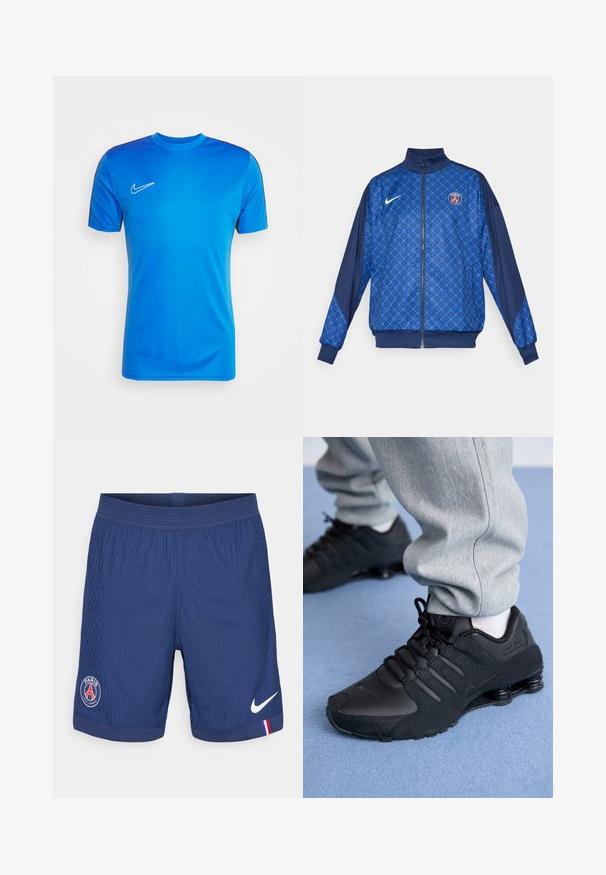 Chaqueta azul con cremallera y patrón geométrico, que presenta un cuello alto y puños elásticos. Logo de Nike en el frente, junto con una insignia temática de París.; Nike Performance TOP - Camiseta deportiva - royal blue/obsidian/white; Pantalones cortos deportivos de color azul marino, fabricados con un tejido texturizado, que cuentan con el logo de Nike, el emblema de París y un acento rojo-azul-blanco en el dobladillo.; Persona vestida con zapatillas Nike Shox negras y pantalones de chándal grises, de pie sobre una alfombra azul claro.