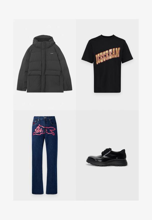 Čierna pufovaná bunda s kapucňou, s boxovitým strihom, prešívanou textúrou, dvoma prednými vreckami a logom na ľavej hornej strane.; Čierne bavlnené tričko s veľkým, výrazným grafickým nápisom "ZMRZLINA" v žltej a červenej farbe, s textúrovaným, vzorovaným dizajnom na písmenách.; Denimové jeansy s rovný strihom. Tmavomodrá farba, s veľkým designom ružovej mačky na zadnej vrecku. Klasický kovový gombík a nitky.; Čierne kožené šnurovacie topánky s hladkým povrchom, odolnou gumovou podrážkou a zaoblenou špičkou. Obsahujú dierky na šnúrky a diskrétne logo.