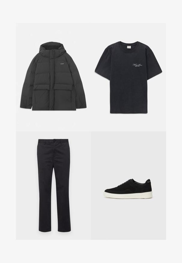 Doudoune noire avec capuche, présentant une forme carrée, un tissu matelassé, deux poches avant et un logo sur le côté supérieur gauche.; T-shirt noir à manches courtes et col rond avec un petit logo « Filling Pieces » en blanc sur la poitrine gauche.; Pantalons en coton noir avec une coupe droite, dotés d'une fermeture à bouton et de passants de ceinture. Texture lisse, sans motifs ni accents visibles.; Baskets en daim noir avec un design à lacets et une semelle en caoutchouc blanc contrastant. Comprend des panneaux latéraux texturés et un logo subtil sur le talon.