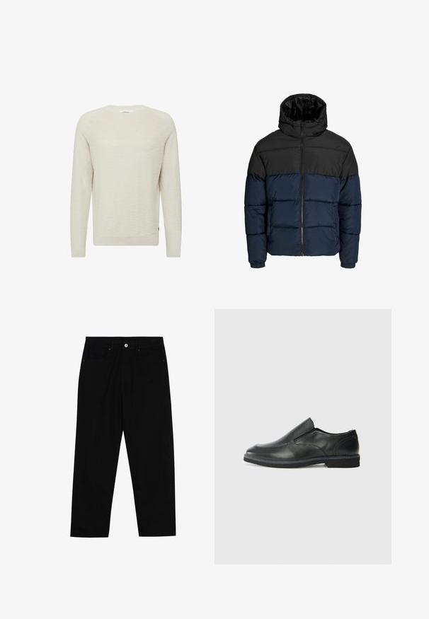 Daunenjacke mit einem schwarzen oberen Abschnitt und einem marineblauen unteren Abschnitt. Verfügt über einen Zipperverschluss, eine Kapuze und elastische Bündchen. Glatte, gepolsterte Textur.; Helles beigefarbenes Sweatshirt aus strukturierter Strickware. Verfügt über einen gerippten Rundhalsausschnitt und lange Ärmel, mit einem dezenten Muster im gesamten Material.; Schwarze Jeans mit geradem Schnitt, Fünf-Taschen-Design und einem vorderen Knopfverschluss. Glatte Textur mit minimalen Nähten.; Schwarze Leder-Slipper mit glattem Obermaterial, gesteppten Akzenten, runder Zehenpartie und niedrigem Gummiabsatz. Die Sohle hat ein minimales Profil.