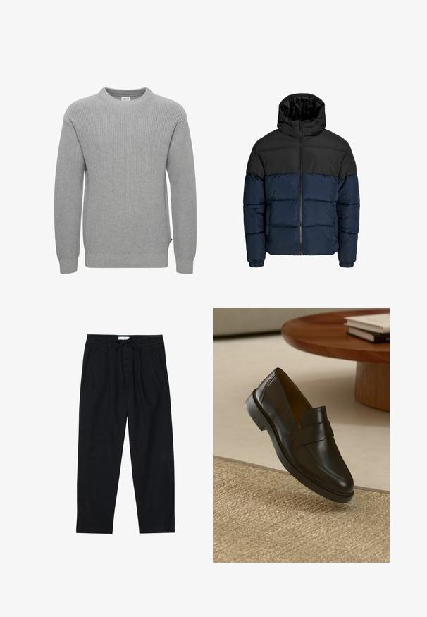Puffjakker, mille ülemine osa on must ja alumine osa meri sinine. Omab lukuga sulgemist, kapuutsi ja elastseid mansette. Sile, polsterdatud tekstuur.; Hall musterdatud hall villane kampsun, millel on ümar kaelus, pikad varrukad, soonikust mansetid ja äär. Kanga tekstuur on paks ja reljeefne. Küljel on väike silt.; Pier One Chino-püksid - black; Must musta nahk loafer sileda viimistlusega, ümarate varvastega ja dekoratiivse riba üleval. Madal kummist konts, paigutatud tekstuursele pinnale.