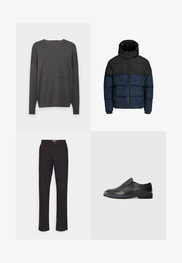 Jachetă puffer cu secțiune superioară neagră și secțiune inferioară bleumarin. Dispune de un sistem de închidere cu fermoar, glugă și manșete elastice. Textură netedă și căptușită.; Pulover din tricot cu mânecă lungă de un gri cărbune, cu gât rotund și un singur buzunar pe piept. Textură moale, cu o potrivire lejeră și manșoane ribbate.; Pantaloni negri din bumbac cu un design drept, având închidere cu buton frontal și buzunare laterale. Textură netedă și detalii minime.; Pantof de piele neagră, tip slip-on, cu un superior neted, accente cusute, vârf rotunjit și un toc jos din cauciuc. Talpa are un profil minim de aderență.