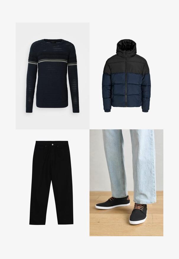 Daunenjacke mit einem schwarzen oberen Abschnitt und einem marineblauen unteren Abschnitt. Verfügt über einen Zipperverschluss, eine Kapuze und elastische Bündchen. Glatte, gepolsterte Textur.; Marineblauer Strickpullover mit Rundhalsausschnitt, der horizontale Streifen in helleren Farbtönen und ein strukturiertes Muster aufweist. Mit langen Ärmeln.; Schwarze Jeans mit geradem Schnitt, Fünf-Taschen-Design und einem vorderen Knopfverschluss. Glatte Textur mit minimalen Nähten.; Schwarze Leinen-Sneaker mit braunen Akzenten, weißen Gummisohlen und braunen Schnürsenkeln, kombiniert mit hellblauen Straight-Leg-Jeans. Hintergrund mit Holzboden.