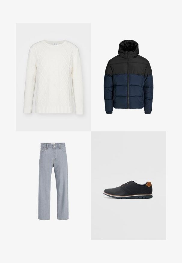 Pufová bunda s černou horní částí a námořnickou modrou spodní částí. Obsahuje zip, kapuci a elastické manžety. Hladký, polstrovaný povrch.; Bílý pletený svetr s klasickým žebrovaným kulatým výstřihem, texturovanými plochami a vzory kabelového pletení na přední části a rukávech.; Světlé modré denimové džíny s uvolněným střihem, rovnými nohavicemi, viditelným šitím, dvěma předními kapsami a zapínáním na knoflík.; Černé syntetické boty s texturovaným svrškem, hladkými detaily, hnědým podpatkem a kontrastní podrážkou. Obsahují minimální šněrování a švy.