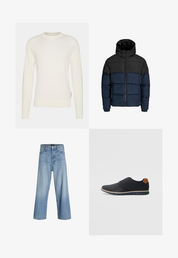 Daunenjacke mit einem schwarzen oberen Abschnitt und einem marineblauen unteren Abschnitt. Verfügt über einen Zipperverschluss, eine Kapuze und elastische Bündchen. Glatte, gepolsterte Textur.; Cremfarbener Strickpullover mit langen Raglanärmeln, einem Rundhalsausschnitt und gerippten Bündchen. Der Stoff hat ein strukturiertes Muster und ein dezentes Logodetail am Saum.; Helle blaue weit geschnittene Jeans aus Denim, mit hoher Taille, klassischem Fünf-Taschen-Design und Knopfverschluss mit Reißverschluss.; Schwarze synthetische Schuhe mit einer strukturierten Oberseite, glatten Akzenten, braunem Absatz und einer kontrastierenden Sohle. Verfügt über minimale Schnürung und Nähdetails.