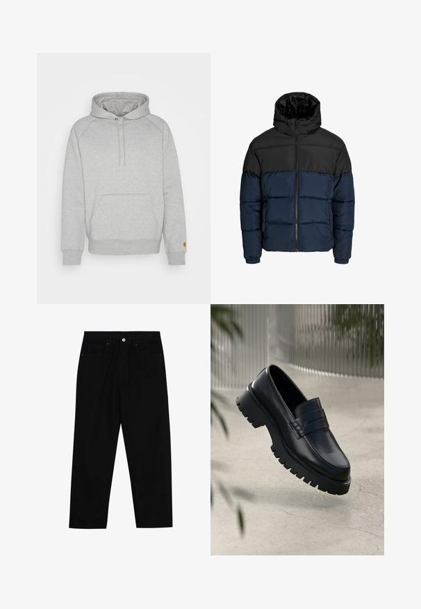 Pučiama striukė su juodu viršutiniu ir tamsiai mėlynu apatiniu skyriumi. Su užtrauktuku, gobtuvu ir elastingais rankogaliais. Lygus, paminkštintas paviršius.; Pilkas su kapuce džemperis su kengūros kišene, raštuotais rankogaliais ir apačia, ant kairiojo rankovės su logotipo panele. Minkšta audinio tekstūra.; Juoda džinsinė kelnė su tiesiu kirpimu, penkių kišenių dizainu ir priekiniais mygtukais. Lygus paviršius su minimaliu siuvimo detalėmis.; Juodi odiniai loafai su storesniu pado protektoriumi, turintys dekoratyvinę juostelę ir siuvinėjimo detales. Lygi tekstūra su blizgiu paviršiumi.