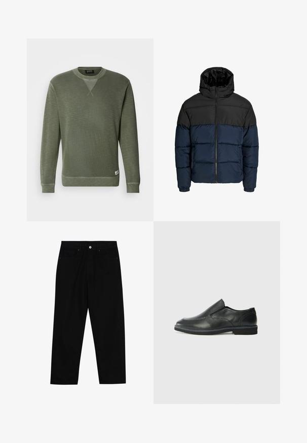 Puffatakki, jossa on musta yläosa ja tummansininen alaosa. Varustettu vetoketjutaskulla, hupulla ja joustavilla hihoilla. Sileä, pehmustettu pinta.; Vihreä huppari, joka on valmistettu teksturoidusta kankaasta. Siinä on pyöreä pääntie, pitkät hihat ja pieni merkkilappu vasemmassa alakulmassa.; Mustat farkut suoraan lahkeella, viisi taskua ja etunappikiinnitys. Sileä rakenne, jossa on vain vähäisiä ompelualueita.; Musta nahkainen liukujalkine, jossa on sileä pinta, ommeltuja yksityiskohtia, pyöristetty kärki ja matala kumipohja. Pohjassa on minimaalinen pito.