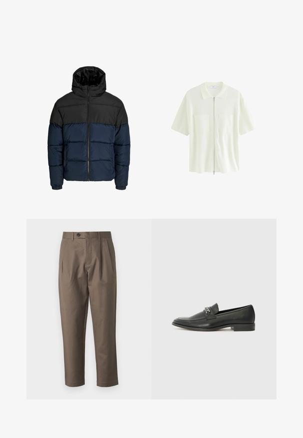 Pučiama striukė su juodu viršutiniu ir tamsiai mėlynu apatiniu skyriumi. Su užtrauktuku, gobtuvu ir elastingais rankogaliais. Lygus, paminkštintas paviršius.; Trumpas, baltas užtrauktuku užsegamas marškinėliai, pagaminti iš tekstūruoto audinio, su apykakle ir dviem priekinėmis kišenėmis su kvadratiniais dangteliais.; Rudi, pritaikyti kelnių su plokščiu priekiu, dviem šoninėm kišenėm ir mygtuko uždarymu. Lygi, lengva medžiaga su tiesiomis kojomis.; Juodos odinės loafer tipo bateliai su lygiu paviršiumi, turintys siuvinėtą dizainą ir dekoratyvų metalo grandinėlės akcentą ant batų viršaus. Plokščias kulnas.