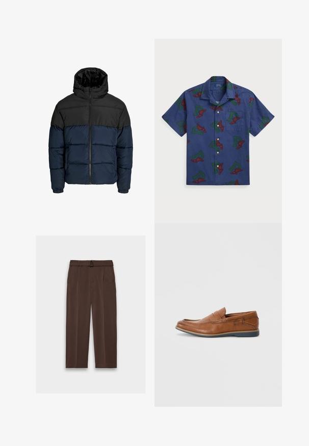 Manteau rembourré avec une partie supérieure noire et une partie inférieure bleu marine. Présente une fermeture éclair, une capuche et des poignets élastiques. Texture lisse et rembourrée.; Chemise à manches courtes en coton bleu marine, ornée d'un motif répété d'un "P" ailé rouge et vert, et d'une poche poitrine.; Pantalon marron avec une ceinture, présentant une taille haute, un devant plissé et des poches latérales ; fabriqué en tissu lisse et texturé.; Mocassins en cuir marron avec un bout rond, des accents cousus et une semelle en caoutchouc basse. Le design présente une bandoulière sur le haut.