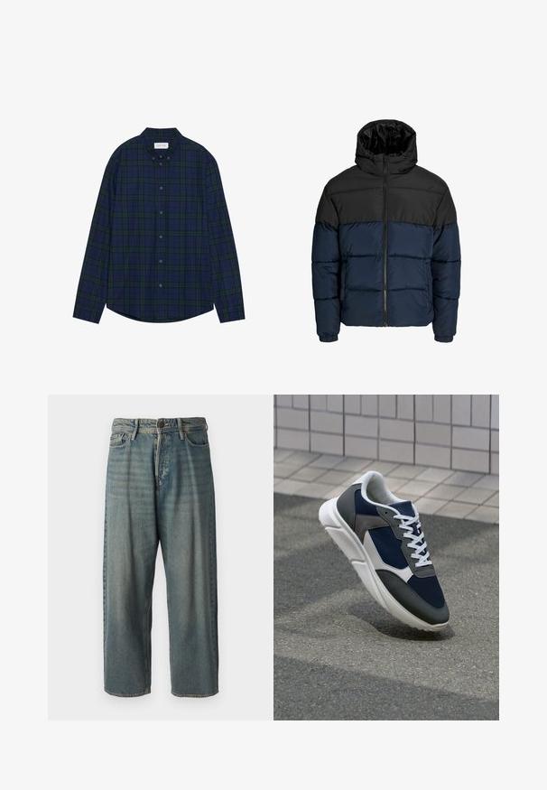 Puffer jacket with a black upper section and navy lower section. Features a zipper closure, hood, and elastic cuffs. Smooth, padded texture.; Navy and green plaid button-down shirt with a rounded hem, long sleeves, and a collar. Features twelve button closures. Soft fabric texture.; Light blue denim jeans with a loose fit, mid-rise waist, and straight legs. Features five pockets, belt loops, and a button closure.; Sneaker featuring a navy blue mesh upper, gray suede accents, white rubber sole, and flat white laces, designed for comfort and breathability.