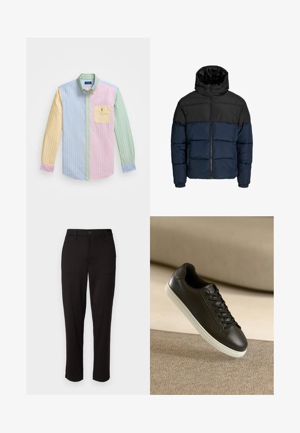 Puffatakki, jossa on musta yläosa ja tummansininen alaosa. Varustettu vetoketjutaskulla, hupulla ja joustavilla hihoilla. Sileä, pehmustettu pinta.; Monivärinen raitapaita, jossa on keltaisia, sinisiä, vaaleanpunaisia ja vihreitä paneeleja. Napillinen kaulus ja rintatasku, jossa on pieni logotunnus.; Mustat housut, jotka on valmistettu kevyestä kankaasta, suorat lahkeet, edessä nappikiinnitys, vyölenkit ja sivutaskut.; Mustat nahkaiset lenkkarit valkoisella kumipohjalla ja mustilla nauhoilla, aseteltuna vaaleanbeigejän kankaan pinnan ja taustan päälle.