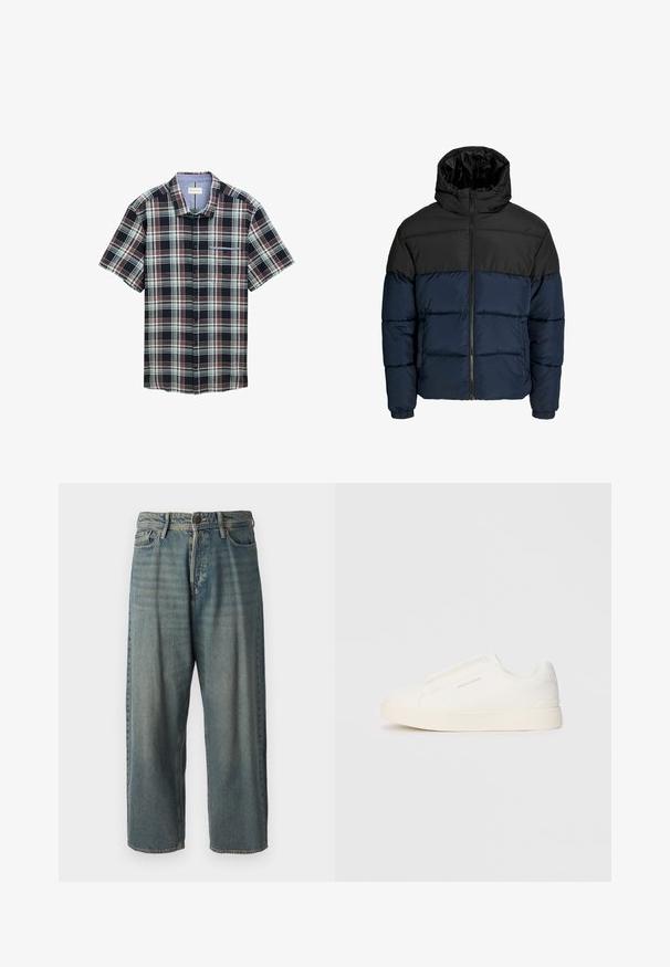 Giubbotto imbottito con la parte superiore nera e la parte inferiore blu navy. Presenta una chiusura con zip, cappuccio e polsini elastici. Texture liscia e imbottita.; Camicia a maniche corte a quadri in navy, rosso e verde. Presenta chiusura con bottoni, tasca sul petto e motivo a quadri con colletto a contrasto.; Jeans di denim azzurro chiaro con vestibilità ampia, vita media e gambe dritte. Presenta cinque tasche, passanti per cintura e chiusura con bottone.; Sneakers bianchi slip-on con superficie texturizzata, suola spessa e design minimalista. Presentano il logo del marchio sul lato.
