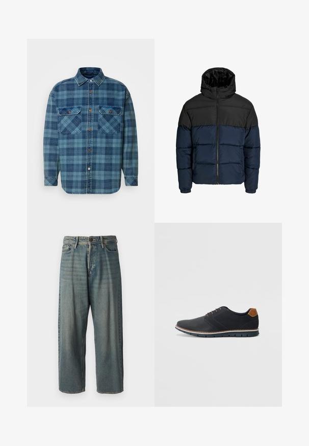 Puhasta jakna z zgornjim delom v črni barvi in spodnjim delom v mornarsko modri barvi. Ima zadrgo, kapuco in elastične manšete. Gladka, oblazinjena tekstura.; Modra flanelasta srajca s črtastim vzorcem v različnih odtenkih modre, z gumbi spredaj, ovratnikom in dvema žepoma na prsih.; Svetlomoderne kavbojke z ohlapnim krojem, srednjim pasom in ravnimi nogami. Imajo pet žepov, zanke za pas in zapiranje na gumb.; Črne sintetične čevlje z teksturirano zgornjščino, gladkimi akcenti, rjavim petnim delom in kontrastnim podplatom. Imajo minimalno vezanje in detajle šivanja.