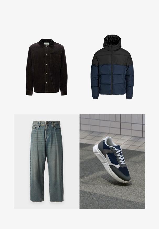 Manteau rembourré avec une partie supérieure noire et une partie inférieure bleu marine. Présente une fermeture éclair, une capuche et des poignets élastiques. Texture lisse et rembourrée.; Chemise en velours côtelé noire avec col, poche avant et fermeture à boutons. Le tissu texturé présente des côtes verticales et un subtil éclat.; Jeans en denim bleu clair avec une coupe ample, taille mi-haute et jambes droites. Comprend cinq poches, des passants de ceinture et une fermeture à bouton.; Baskets avec une tige en mesh bleu marine, des accents en suède gris, une semelle en caoutchouc blanc et des lacets plats blancs, conçues pour le confort et la respirabilité.