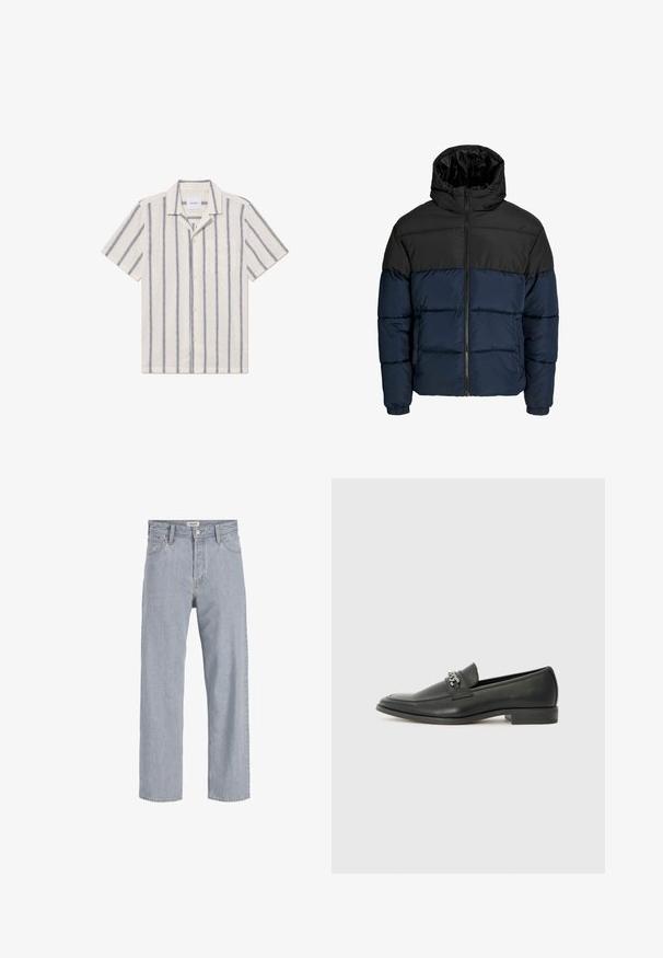 Puffjakker, mille ülemine osa on must ja alumine osa meri sinine. Omab lukuga sulgemist, kapuutsi ja elastseid mansette. Sile, polsterdatud tekstuur.; Lühikeste varrukatega särk heledast beežist kangast, millel on tumeda sinise värvi vertikaalsed triibud, nupuga esiosa ja rinna tasku.; Heledad sinine teksapüksid, millel on mugav lõige, sirged sääred, nähtavad õmblused, kaks eesmist taskut ja nööbkinnisega sulgemine.; Must haveate nahkking punased, millel on sile viimistlus, tikitud muster ja dekoratiivne metallkett vampi üle. Tasane konts.