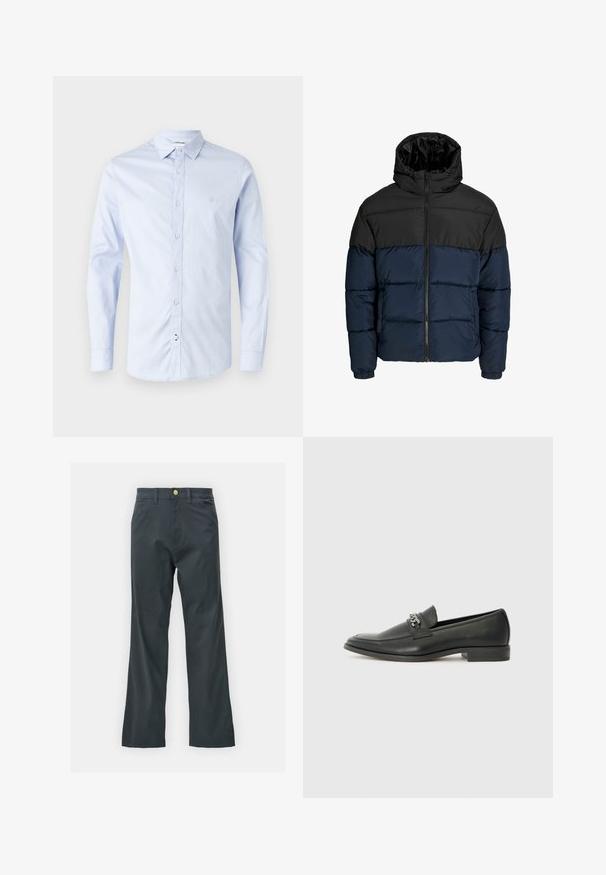 Puffjakker, mille ülemine osa on must ja alumine osa meri sinine. Omab lukuga sulgemist, kapuutsi ja elastseid mansette. Sile, polsterdatud tekstuur.; Hele sinine pikakäiselise nööbiga shirt, mis on valmistatud puuvillast, klassikalise kraega, ees nupud ja diskreetne logo rinnal.; Mustad püksid sirge säärega, valmistatud puuvillasegistuse kangast. Omavad metallist nööbiga sulgemist ja küljetaskuid. Ilma nähtavate mustriteta.; Must haveate nahkking punased, millel on sile viimistlus, tikitud muster ja dekoratiivne metallkett vampi üle. Tasane konts.