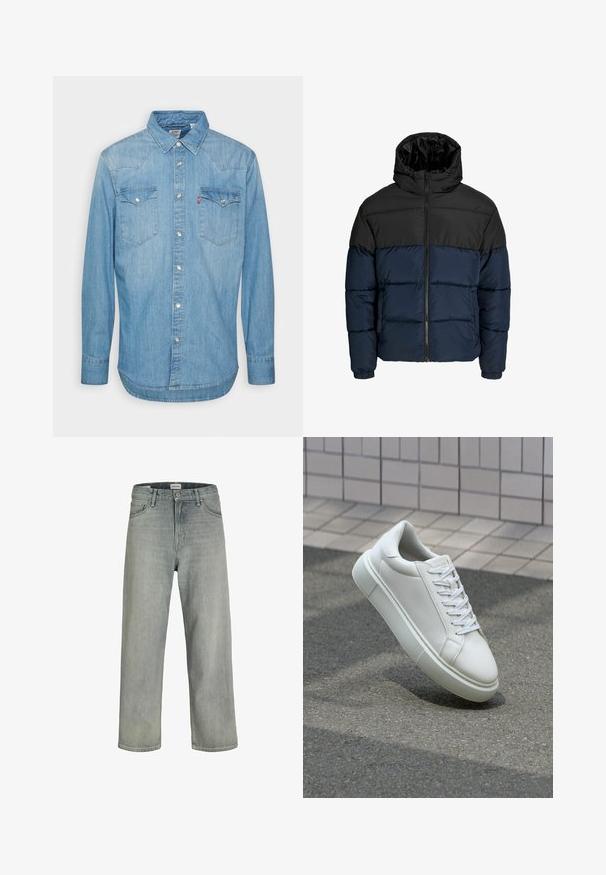 Puffatakki, jossa on musta yläosa ja tummansininen alaosa. Varustettu vetoketjutaskulla, hupulla ja joustavilla hihoilla. Sileä, pehmustettu pinta.; Vaaleansininen farkkupaita pitkillä hihoilla, teräväkauluksella ja kahdella rintataskulla. Varustettu napituksella ja kaarevalla helmalla.; Vaaleanharmaat, löysät farkut, jotka on valmistettu denimistä. Ominaisuuksiin kuuluu klassinen viiden taskun muotoilu, vyölenkit ja suora lahjetyyli.; Valkoinen nahkainen lenkkari, jossa on sileä pinta, pyöreä kärki ja tasaiset valkoiset nauhat. Varustettu teksturoidulla kumi-pohjalla ja vähäisillä muotoiluelementeillä.