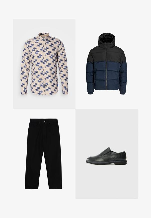 Donsjack met een zwart bovenstuk en een marineblauw onderstuk. Bevat een ritssluiting, capuchon en elastische manchetten. Soepele, gewatteerde textuur.; Lange mouwen button-up shirt in lichtbeige met een blauw geometrisch patroon. Gemaakt van lichte stof met een kraag en een regular-fit ontwerp.; Zwarte denim broek met een recht gesneden pasvorm, vijf gebruikersvriendelijke zakken en een sluiting met een knoop aan de voorkant. Soepele textuur met minimale stikdetails.; Zwarte leren instapper met een soepele bovenkant, gestikte accenten, ronde neus en een lage rubberen hak. De zool heeft minimale profiel.