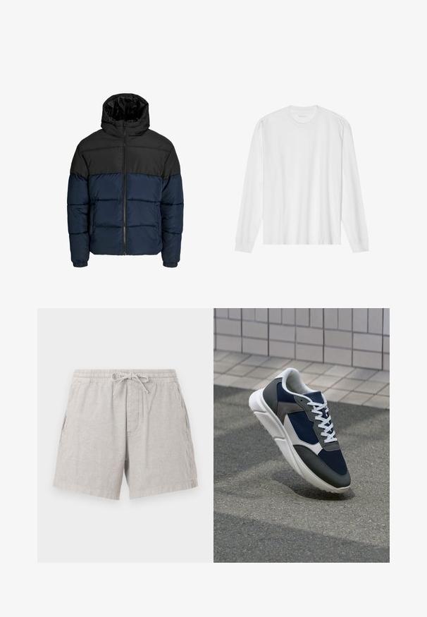 Giubbotto imbottito con la parte superiore nera e la parte inferiore blu navy. Presenta una chiusura con zip, cappuccio e polsini elastici. Texture liscia e imbottita.; T-shirt bianca a maniche lunghe in cotone con colletto rotondo e polsi a coste. Design semplice e senza fronzoli, con texture liscia e vestibilità standard.; Pantaloni corti in lino grigio con vita elastica e cordoncino. Presentano tasche laterali e una vestibilità rilassata, con una texture sottile.; Sneaker con tomaia in rete blu navy, inserti in suede grigio, suola in gomma bianca e lacci bianchi piatti, progettata per comfort e traspirabilità.