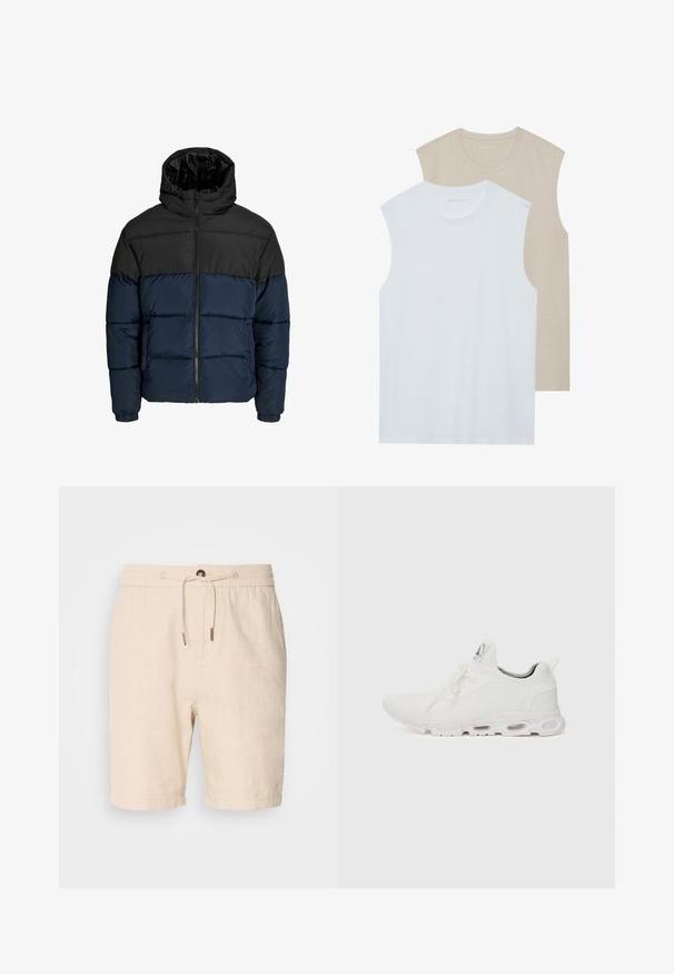 Chaqueta tipo puff con una sección superior negra y una sección inferior azul marino. Cuenta con un cierre de cremallera, capucha y puños elásticos. Textura suave y acolchada.; Dos camisetas sin mangas: una blanca y otra de un beige claro. Ambas tienen escote redondo y están hechas de una tela suave y lisa con un corte informal.; Scotch & Soda SEASONAL CORE BERMUDA - Shorts - soft camel; Zapatillas deportivas blancas con un upper de punto texturizado, cordones planos y una suela acolchada con cámaras de aire visibles para mayor soporte.