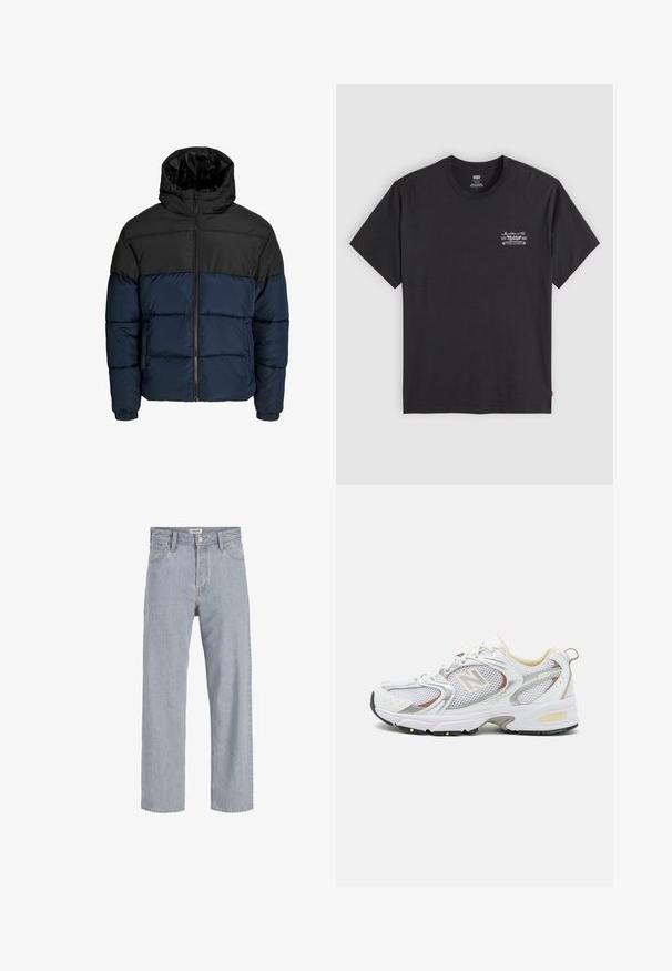 Pūšamo jaka ar melnu augšējo daļu un tumši zilā apakšējā daļā. Aprīkota ar rāvējslēdzēju, kapuci un elastīgiem piedurkņu galiem. Gluda, polsterēta tekstūra.; Melna kokvilnas t-krekls ar īsām piedurknēm un apaļu kaklu. Ar mazām baltām grafikām uz kreisās krūts. Gluda tekstūra.; Gai zils džinsu audums ar brīvu piegriezumu, taisnu kāju dizainu, redzamām šuvēm, divām priekšējām kabatām un pogu aizdari.; Baltas sporta apavs ar sieta augšdaļu, sudraba akcentiem, mīkstu apkaklīti un gumijas zoli. Iespējamas šņores un teksturēta virsma saķerei.