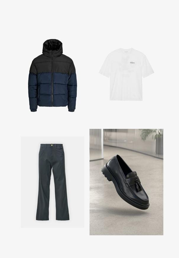 Manteau rembourré avec une partie supérieure noire et une partie inférieure bleu marine. Présente une fermeture éclair, une capuche et des poignets élastiques. Texture lisse et rembourrée.; T-shirt en coton blanc à manches courtes, avec une impression à l'avant sur laquelle est inscrit "Prenez votre envol vers la tranquillité" en noir et vert.; Pantalons noirs avec une coupe droite, en tissu mélangé coton. Présentent une fermeture à bouton en métal et des poches latérales. Pas de motifs visibles.; Mocassins en cuir noir à finition lisse, avec pompon décoratif, semelle en caoutchouc épaisse et détails cousus. Design léger et élégant.
