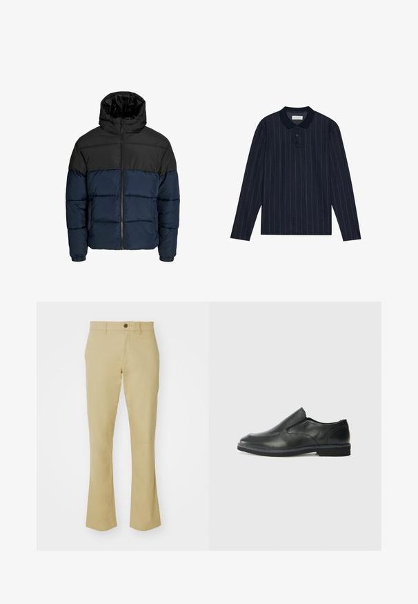 Puffatakki, jossa on musta yläosa ja tummansininen alaosa. Varustettu vetoketjutaskulla, hupulla ja joustavilla hihoilla. Sileä, pehmustettu pinta.; Tummansininen pitkähihaisen polo-paita, jossa on kaulakotelo, ohuita pystysuuntaisia raitoja ja kolmonnapainike. Pehmeä kangas.; Beige leveät housut, jotka on valmistettu puuvillasekoitteesta ja joissa on sileä rakenne, etuosassa nappi vyötäröllä ja taskut.; Musta nahkainen liukujalkine, jossa on sileä pinta, ommeltuja yksityiskohtia, pyöristetty kärki ja matala kumipohja. Pohjassa on minimaalinen pito.