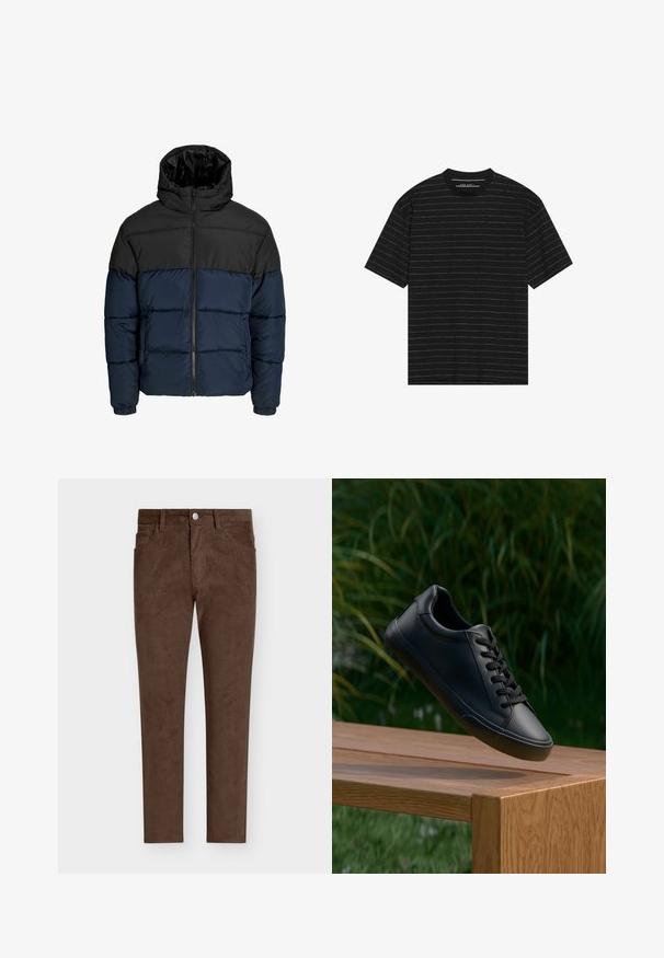Puffjakker, mille ülemine osa on must ja alumine osa meri sinine. Omab lukuga sulgemist, kapuutsi ja elastseid mansette. Sile, polsterdatud tekstuur.; Must have lühikeste varrukatega must t-särk, millel on õhukesed valged horisontaalsed triibud. Valmistatud pehmest kangast, ümar kaelus ja mugav lõige.; Pruunid korduroypüksid sirge lõikega, millel on nupuga sulgumine, eesosal olevad taskud ja vertikaalne ribakujundus kogu püksil.; Must have musta sneakers sile nahka, sujuva tekstuuriga, ümmargune varvas ja lamedad paelad, asetatud puidust pinnale koos rohelise rohuga taustal.