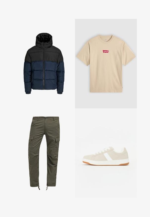 Manteau rembourré avec une partie supérieure noire et une partie inférieure bleu marine. Présente une fermeture éclair, une capuche et des poignets élastiques. Texture lisse et rembourrée.; T-shirt en coton beige avec un col rond et des manches courtes. Présente un logo rouge Levi's sur la poitrine. Coupe simple et classique.; Pantalons cargo vert olive à coupe décontractée, fabriqués en tissu durable. Comprend plusieurs poches et des poignets ajustables. Design classique à cinq poches.; Baskets beige avec des accents blancs, texture en suede, forme arrondie, design à lacets, et une semelle en caoutchouc gomme contrastante.