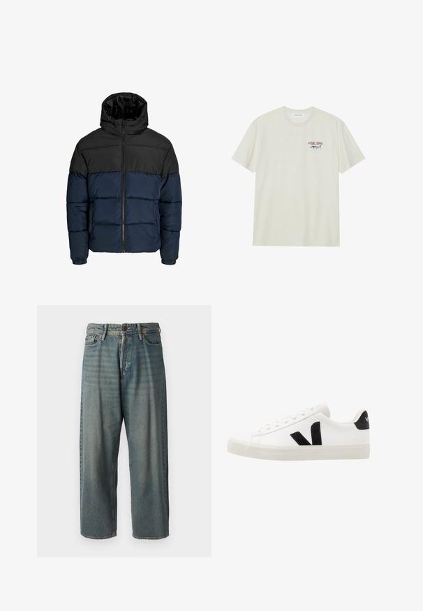 Puffjakker, mille ülemine osa on must ja alumine osa meri sinine. Omab lukuga sulgemist, kapuutsi ja elastseid mansette. Sile, polsterdatud tekstuur.; Heledat koonus puuvillane T-särk lühikeste varrukatega. Omab väikest sinise ja punase graafikaga marliini ning tekst "MARLIN TROPHY".; Heledad sinine denim-stiilis teksad, volüümse lõike, keskmise kõrgusega talje ja sirgete säärega. Omab viit taskut, vöökumme ja nööpide sulgemist.; Valge nahast tennis, millel on mustast sametist detailid; omab kummist tallato, ümmargust nina ja klassikalist nööpidega kinnihoidmist. Külgmine logo musta värviga.