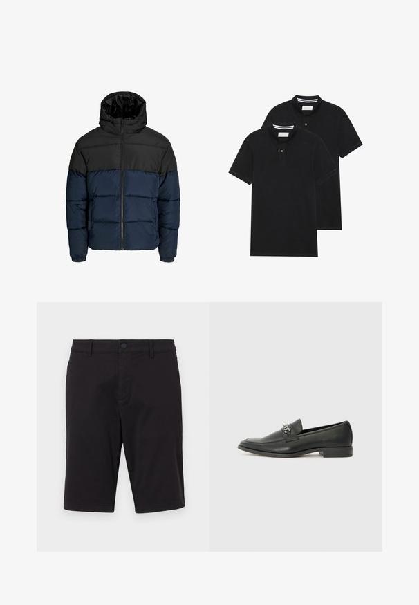 Puffatakki, jossa on musta yläosa ja tummansininen alaosa. Varustettu vetoketjutaskulla, hupulla ja joustavilla hihoilla. Sileä, pehmustettu pinta.; Kaksi mustaa lyhythihaista poolopaitaa, puuvillamateriaalia, joissa on klassinen kaulus, kahden napin napitus ja valkoiset raidat kauluksen sisällä.; Mustat shortsit, jotka on valmistettu kevyestä kankaasta. Ominaisuuksiin kuuluu napitus, vyölenkit, kaksi sivutaskua ja suora leikkaus.; Musta nahkakengät, joissa on sileä pinta, koristeelliset ompeleet ja metalliketjun yksityiskohta kengän päällä. Littee korko.