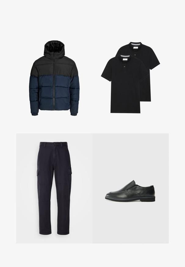 Jakna s punjenjem koja ima crni gornji deo i tamnoplavi donji deo. Ima zatvaranje na rajsferšlus, kapuljaču i elastične manžete. Glatka, podstavljena tekstura.; Dva crna polo majice, kratki rukavi, pamučni materijal, sa klasičnom ovratnikom, čepom sa dva gumba i bijelim prugastim detaljima unutar ovratnika.; Tamno plave cargo hlače od mješavine pamuka, s bočnim džepovima, ravnim krojem i vidljivim detaljima šivanja.; Crne kožne cipele na sklapanje s glatkom gornjom površinom, prošivenim detaljima, zaobljenim vrhom i niskim gumene potplate. Potplat ima minimalne uzorke.