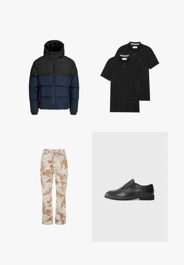 Donsjack met een zwart bovenstuk en een marineblauw onderstuk. Bevat een ritssluiting, capuchon en elastische manchetten. Soepele, gewatteerde textuur.; Twee zwarte polo shirts, met korte mouwen, van katoen, met een klassieke kraag, een knoopsluiting met twee knopen en witte gestreepte accenten aan de binnenkant van de kraag.; Beige camouflage cargobroek met zijzakken, gemaakt van stof met een gladde textuur, met een recht patroon en een knoopsluiting.; Zwarte leren instapper met een soepele bovenkant, gestikte accenten, ronde neus en een lage rubberen hak. De zool heeft minimale profiel.