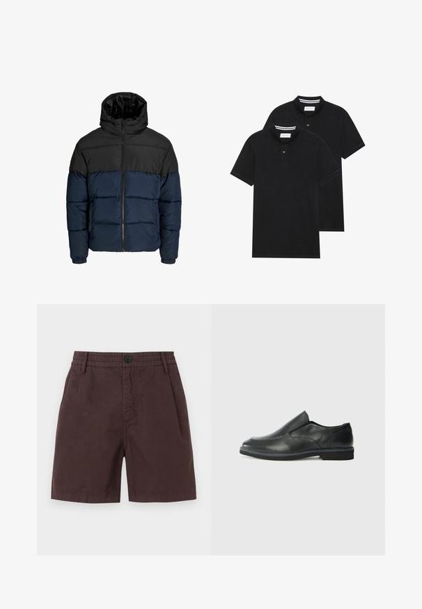 Pufová bunda s černou horní částí a námořnickou modrou spodní částí. Obsahuje zip, kapuci a elastické manžety. Hladký, polstrovaný povrch.; Dvě černé polokošile s krátkým rukávem z bavlny, s klasickým límcem, dvouknoflíkovou légou a bílými pruhovanými akcenty uvnitř límce.; Hnědé bavlněné kraťasy s elastickým pasem a jediným zapínáním na knoflík. Mají boční kapsy a hladkou texturu.; Černá kožená nazouvací bota s hladkým svrškem, prošívanými detaily, zaoblenou špičkou a nízkým gumovým podpatkem. Podešev má minimální vzorek.