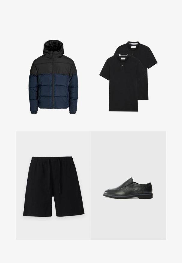 Puffatakki, jossa on musta yläosa ja tummansininen alaosa. Varustettu vetoketjutaskulla, hupulla ja joustavilla hihoilla. Sileä, pehmustettu pinta.; Kaksi mustaa lyhythihaista poolopaitaa, puuvillamateriaalia, joissa on klassinen kaulus, kahden napin napitus ja valkoiset raidat kauluksen sisällä.; Mustat lyhyet housut kevyestä materiaalista, jossa on joustava vyötärö ja nyöri. Ominaisuuksiin kuuluu rento istuvuus ilman näkyviä taskuja.; Musta nahkainen liukujalkine, jossa on sileä pinta, ommeltuja yksityiskohtia, pyöristetty kärki ja matala kumipohja. Pohjassa on minimaalinen pito.