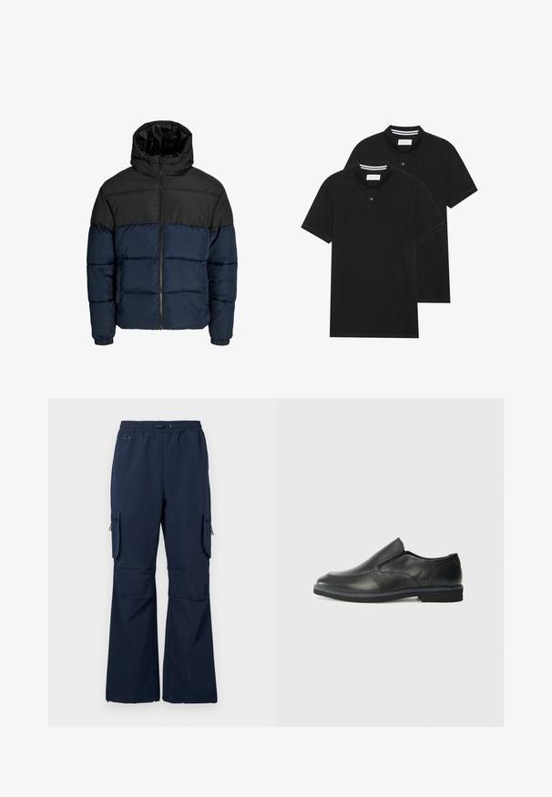 Daunenjacke mit einem schwarzen oberen Abschnitt und einem marineblauen unteren Abschnitt. Verfügt über einen Zipperverschluss, eine Kapuze und elastische Bündchen. Glatte, gepolsterte Textur.; Zwei schwarze Polohemden, kurzärmlig, aus Baumwolle, mit einem klassischen Kragen, zwei Knöpfen und weißen Streifenakzenten im Inneren des Kragens.; Marine Cargo-Hosen aus leichtem Stoff mit einem Kordelzugbund, zwei seitlichen Taschen und mit Reißverschluss versehenen Cargo-Taschen an beiden Beinen.; Schwarze Leder-Slipper mit glattem Obermaterial, gesteppten Akzenten, runder Zehenpartie und niedrigem Gummiabsatz. Die Sohle hat ein minimales Profil.
