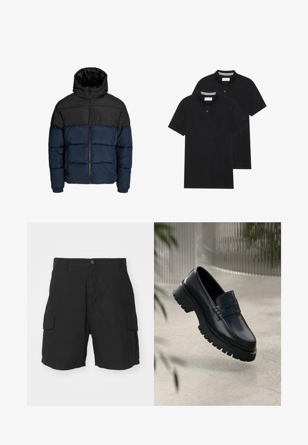 Manteau rembourré avec une partie supérieure noire et une partie inférieure bleu marine. Présente une fermeture éclair, une capuche et des poignets élastiques. Texture lisse et rembourrée.; Deux polos noirs, à manches courtes, en coton, avec un col classique, une patte de boutonnage à deux boutons, et des accents rayés blancs à l'intérieur du col.; Shorts cargo noirs en tissu léger, avec deux poches latérales, une fermeture à bouton et une coupe décontractée arrivant au milieu de la cuisse.; Mocassins en cuir noir avec une semelle à crampons épaisse, dotés d'une sangle décorative et de détails de couture. Texture lisse avec une finition polie.