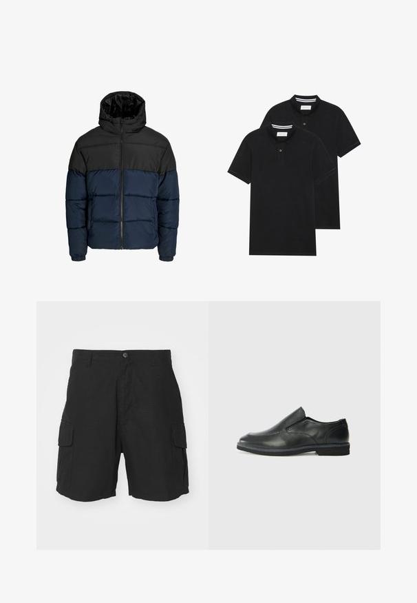 Daunenjacke mit einem schwarzen oberen Abschnitt und einem marineblauen unteren Abschnitt. Verfügt über einen Zipperverschluss, eine Kapuze und elastische Bündchen. Glatte, gepolsterte Textur.; Zwei schwarze Polohemden, kurzärmlig, aus Baumwolle, mit einem klassischen Kragen, zwei Knöpfen und weißen Streifenakzenten im Inneren des Kragens.; Schwarze Cargo-Shorts aus leichtem Stoff, mit zwei Seitentaschen, einem Knopfverschluss und einer lockeren Passform bis zur Mitte des Oberschenkels.; Schwarze Leder-Slipper mit glattem Obermaterial, gesteppten Akzenten, runder Zehenpartie und niedrigem Gummiabsatz. Die Sohle hat ein minimales Profil.