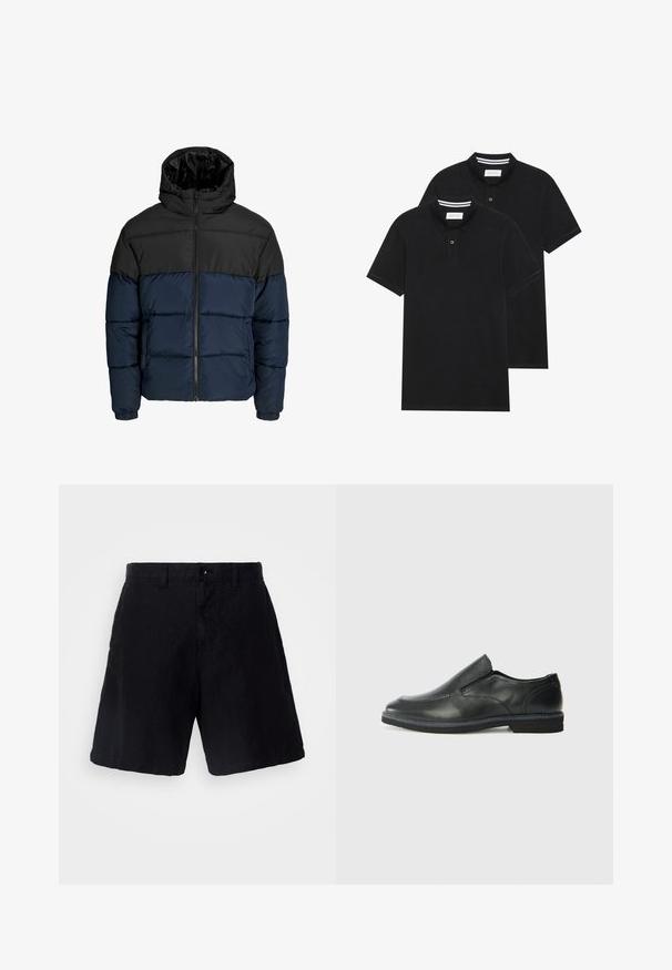 Jakna s punjenjem koja ima crni gornji deo i tamnoplavi donji deo. Ima zatvaranje na rajsferšlus, kapuljaču i elastične manžete. Glatka, podstavljena tekstura.; Dva crna polo majice, kratki rukavi, pamučni materijal, sa klasičnom ovratnikom, čepom sa dva gumba i bijelim prugastim detaljima unutar ovratnika.; Crne kratke hlače od lagane tkanine s opuštenim krojem, s kopčanjem na gumb, petljama za remen i bočnim džepovima.; Crne kožne cipele na sklapanje s glatkom gornjom površinom, prošivenim detaljima, zaobljenim vrhom i niskim gumene potplate. Potplat ima minimalne uzorke.