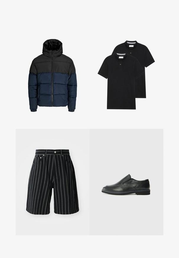 Puhasta jakna z zgornjim delom v črni barvi in spodnjim delom v mornarsko modri barvi. Ima zadrgo, kapuco in elastične manšete. Gladka, oblazinjena tekstura.; Dve črne polo majice, kratke rokave, iz bombažnega materiala, z klasik ovratnikom, dvobodno zaponko in belimi črtkami znotraj ovratnika.; Črne prugaste kratke hlače iz bombaža, ki vključujejo kontrastne bele vertikalne črte, zapiranje na gumb in sprednje žepe.; Črne usnjene natikače z gladkim zgornjim delom, prišitimi detajli, zaobljenim nosom in nizkim gumijastim petkom. Podplat ima minimalen profil.