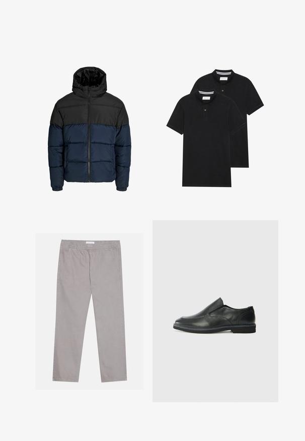 Daunenjacke mit einem schwarzen oberen Abschnitt und einem marineblauen unteren Abschnitt. Verfügt über einen Zipperverschluss, eine Kapuze und elastische Bündchen. Glatte, gepolsterte Textur.; Zwei schwarze Polohemden, kurzärmlig, aus Baumwolle, mit einem klassischen Kragen, zwei Knöpfen und weißen Streifenakzenten im Inneren des Kragens.; Hellgraue Baumwollhose mit elastischem Bund, zwei seitlichen Taschen, geradem Beinschnitt und glatter Textur. Simple Nahtdetails.; Schwarze Leder-Slipper mit glattem Obermaterial, gesteppten Akzenten, runder Zehenpartie und niedrigem Gummiabsatz. Die Sohle hat ein minimales Profil.