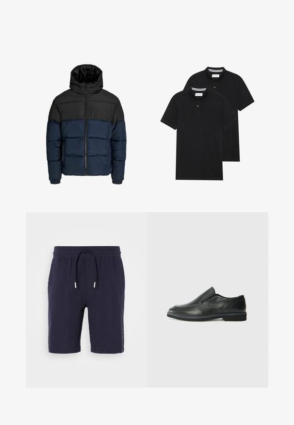 Kurtka puchowa z czarną górną częścią i granatową dolną częścią. Posiada zamek błyskawiczny, kaptur i elastyczne mankiety. Gładka, pikowana tekstura.; Dwie czarne koszulki polo z krótkim rękawem, wykonane z materiału bawełnianego, z klasycznym kołnierzykiem, z zapięciem na dwa guziki oraz białymi paskami wewnątrz kołnierza.; Granatowe szorty z teksturowanym wzorem, elastycznym paskiem w talii i sznurkiem do regulacji. Posiadają luźny krój i długość powyżej kolan.; Czarne skórzane buty wsuwane z gładką cholewką, przeszyciami, okrągłym noskiem i niskim gumowym obcasem. Podeszwa ma minimalny bieżnik.