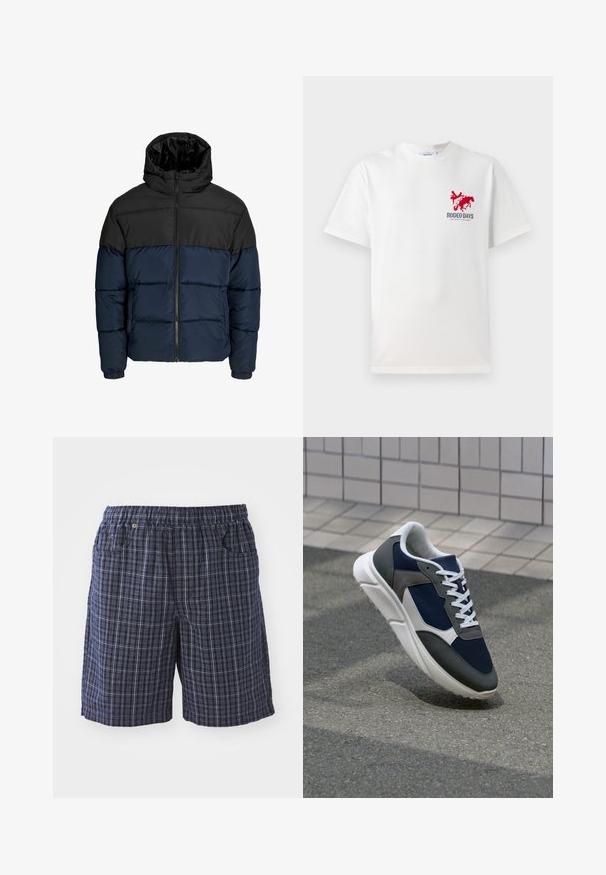 Puffer jacket with a black upper section and navy lower section. Features a zipper closure, hood, and elastic cuffs. Smooth, padded texture.; White cotton t-shirt featuring a red cowboy and horse graphic on the left chest with "RODEO DAYS" text beneath the design.; Navy plaid shorts with an elastic waistband, featuring pockets and a loose fit. Made of lightweight fabric with a checkered design.; Sneaker featuring a navy blue mesh upper, gray suede accents, white rubber sole, and flat white laces, designed for comfort and breathability.