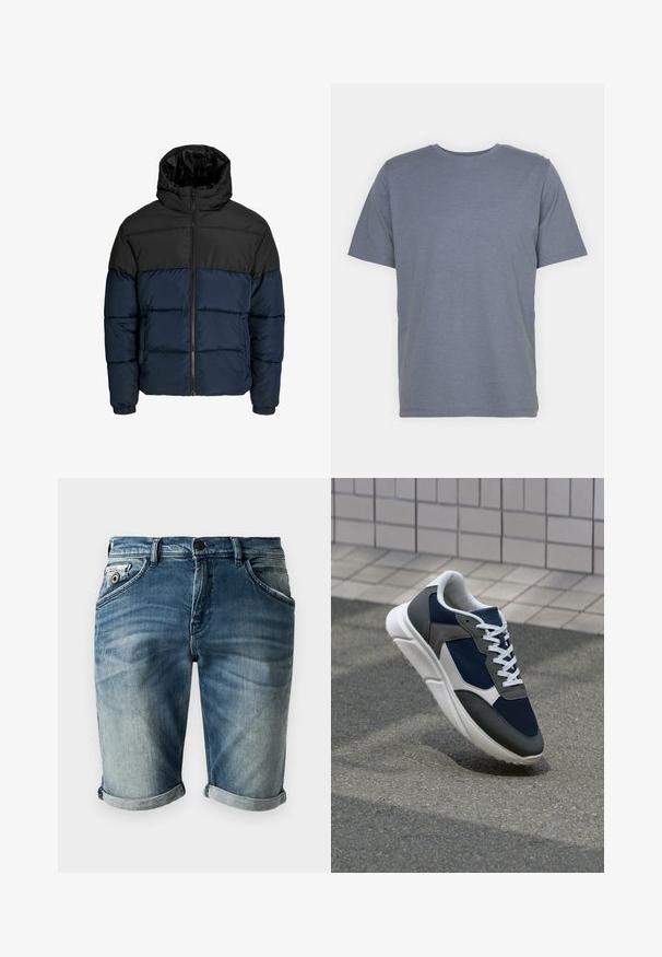 Puffjakke med svart øvre del og marineblå nedre del. Har glidelås, hette og elastiske mansjetter. Glatt, polstret tekstur.; Grå kortermet T-skjorte med rund hals, laget av myk bomullsblanding. Enkel design, ingen mønstre eller accenter.; Dongerishorts i en falmet blå nyanse med en lett slitt tekstur. Har oppbrettede ermer, frontlommer og en klassisk knappelukking.; Sneakers med en navy blå mesh-overdel, grå sømværk, hvit gummisåle og flate hvite snører, designet for komfort og pusteevne.